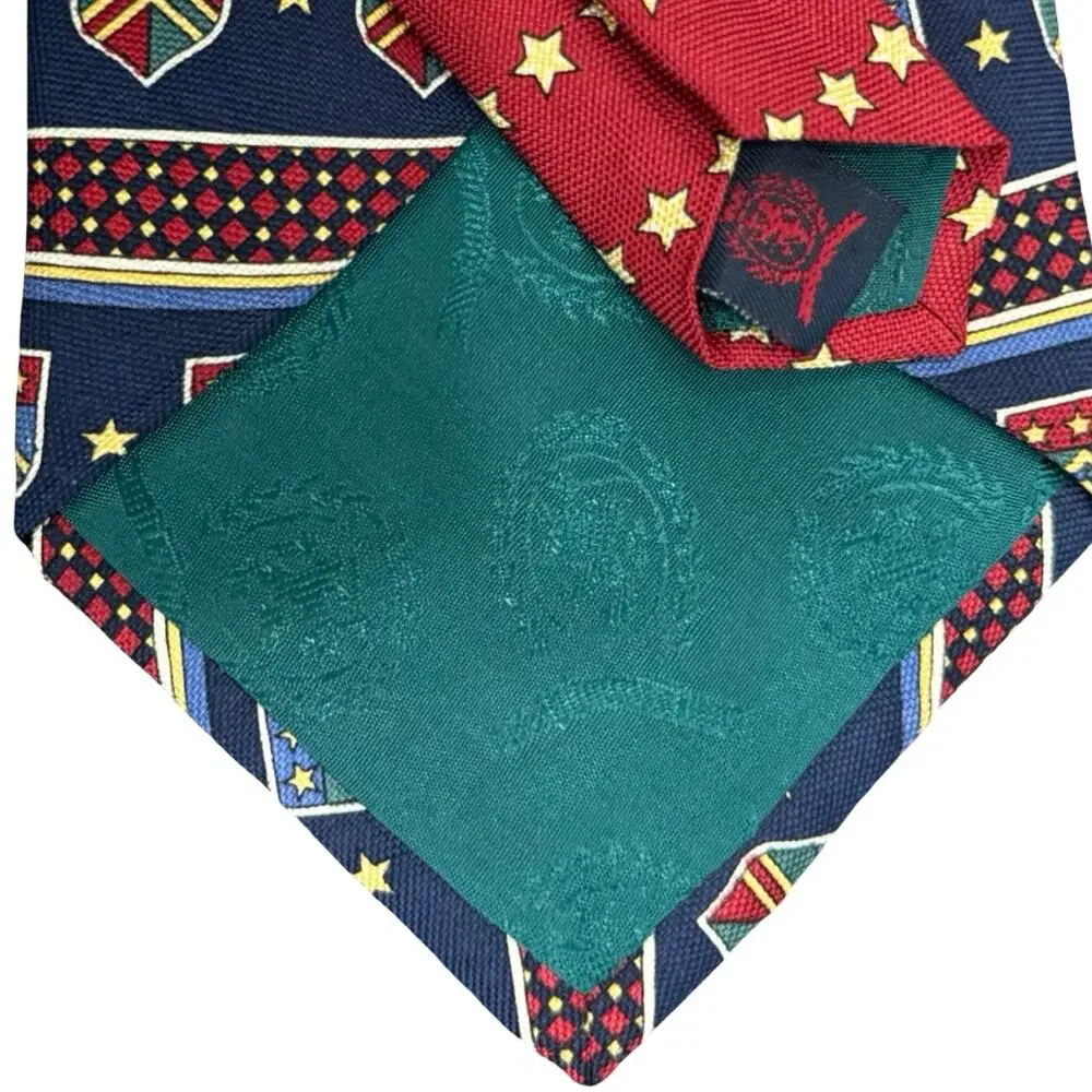 Vintage Tommy Hilfiger Shield Crest Logo 100% Silk Blue Red Stars Tie Necktie
